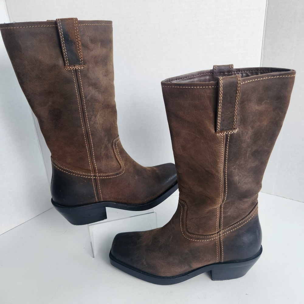Zara Brown Leather Distressed Square Toe Biker Western Boots EU 36 US 6